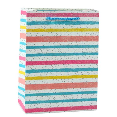 TORBA PREZENTOWA SERCA GWIAZDKI KROPKI PASKI KOLOROWE 23 X 18 X 10,5 CM