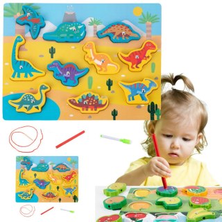 UKŁADANKA DREWNIANA MAGNESY SZNUREK DO PRZEPLATANIA DINOZAURY