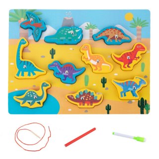 UKŁADANKA DREWNIANA MAGNESY SZNUREK DO PRZEPLATANIA DINOZAURY