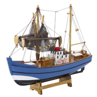 MODEL KOLEKCJONERSKI DEKORACYJNY STATEK KUTER RYBACKI NIEBIESKI 30X26CM