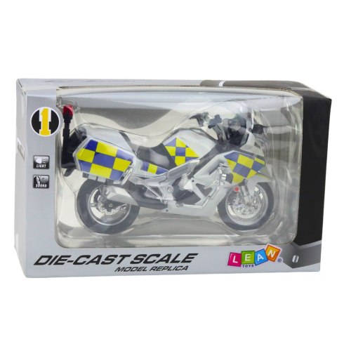 MOTOCYKL POLICYJNY METALOWY ŚWIATŁA DŹWIĘKI BIAŁY 1:12