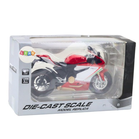 MOTOCYKL SPORTOWY METALOWY CZERWONO BIAŁY ŚWIATŁA DŹWIĘKI 1:12