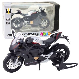 MOTOCYKL SPORTOWY METALOWY ŚWIATŁA DŹWIĘKI SREBRNE ELEMENTY CZARNY V4 1:12