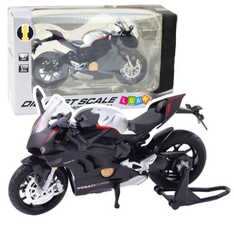 MOTOCYKL SPORTOWY METALOWY ŚWIATŁA DŹWIĘKI SREBRNE ELEMENTY CZARNY V4 1:12