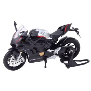 MOTOCYKL SPORTOWY METALOWY ŚWIATŁA DŹWIĘKI SREBRNE ELEMENTY CZARNY V4 1:12