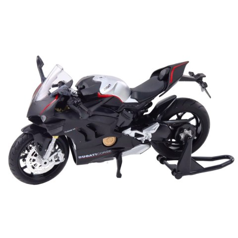 MOTOCYKL SPORTOWY METALOWY ŚWIATŁA DŹWIĘKI SREBRNE ELEMENTY CZARNY V4 1:12