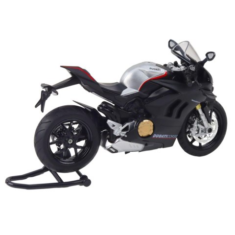 MOTOCYKL SPORTOWY METALOWY ŚWIATŁA DŹWIĘKI SREBRNE ELEMENTY CZARNY V4 1:12