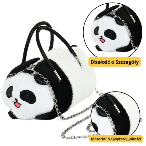 PLUSZOWA TORBA PANDA UCHWYTY METALOWY ŁAŃCUSZEK CZARNO BIAŁA 20CM