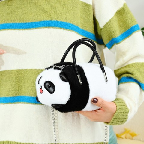 PLUSZOWA TORBA PANDA UCHWYTY METALOWY ŁAŃCUSZEK CZARNO BIAŁA 20CM