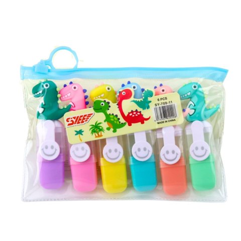 ZESTAW MINI ZAKREŚLACZE Z DINOZAUREM W ETUI KOLOROWE 6SZT 8CM