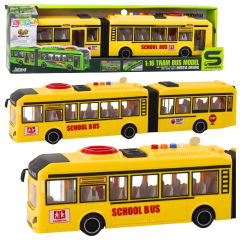 AUTOBUS PRZEGUBOWY SZKOLNY OTWIERANE DRZWI ŚWIATŁA DŹWIĘKI ŻÓŁTY 1:16