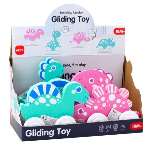 DINOZAUR NA KÓŁKACH Z PIANKI EVA DLA MALUCHA RÓŻOWY NIEBIESKI MIX