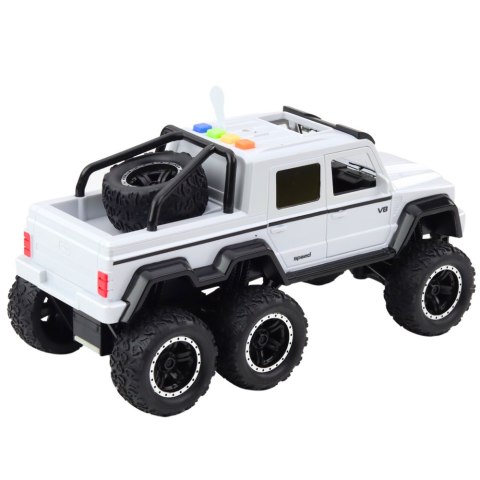 SAMOCHÓD TERENOWY NAPĘD FRYKCYJNY ŚWIATŁA DŹWIĘKI BIAŁY PERŁOWY 6X6 1:16