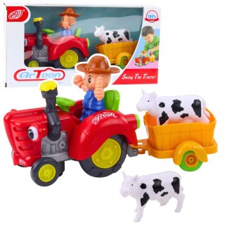 TRAKTOR FARMERA INTERAKTYWNY Z PRZYCZEPKĄ FIGURKA KROWY ŚWIATŁA DŹWIĘKI