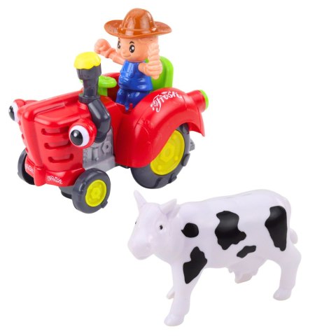 TRAKTOR FARMERA INTERAKTYWNY Z PRZYCZEPKĄ FIGURKA KROWY ŚWIATŁA DŹWIĘKI