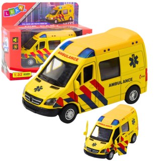 KARETKA AMBULANS METALOWY Z NAPĘDEM PULL BACK ŚWIATŁA DŹWIĘKI ŻÓŁTY 1:32