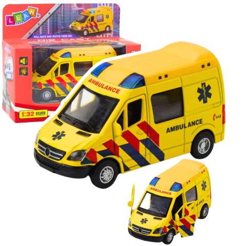 KARETKA AMBULANS METALOWY Z NAPĘDEM PULL BACK ŚWIATŁA DŹWIĘKI ŻÓŁTY 1:32