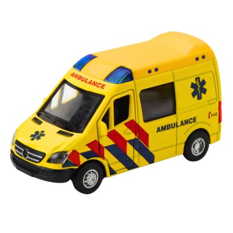 KARETKA AMBULANS METALOWY Z NAPĘDEM PULL BACK ŚWIATŁA DŹWIĘKI ŻÓŁTY 1:32