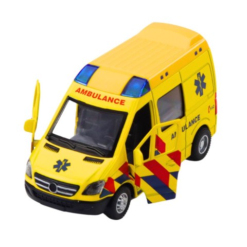 KARETKA AMBULANS METALOWY Z NAPĘDEM PULL BACK ŚWIATŁA DŹWIĘKI ŻÓŁTY 1:32