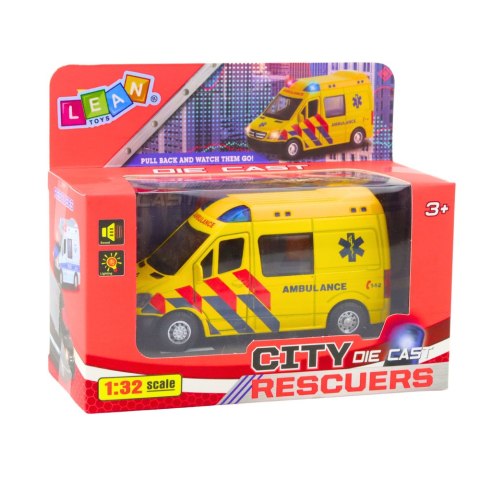 KARETKA AMBULANS METALOWY Z NAPĘDEM PULL BACK ŚWIATŁA DŹWIĘKI ŻÓŁTY 1:32