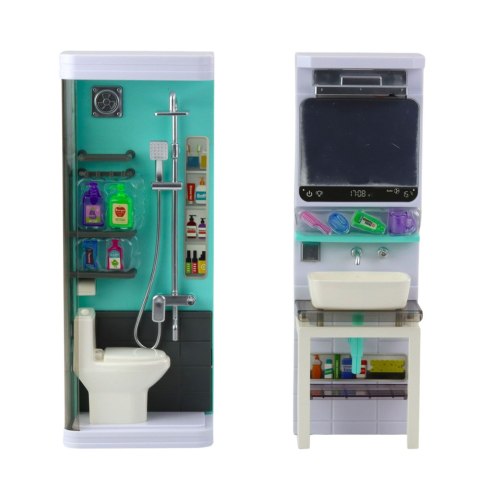 ŁAZIENKA ZABAWKOWA PRYSZNIC ZLEW TOALETA ŚWIATŁA DŹWIĘKI AKCESORIA