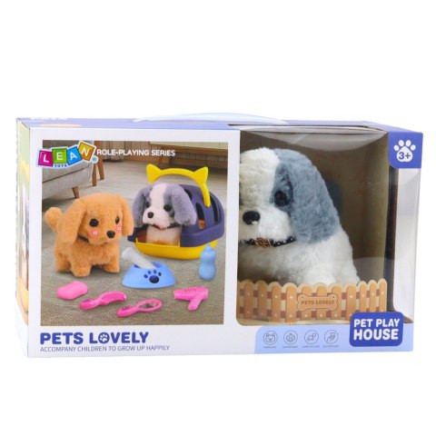 PIES INTERAKTYWNY PLUSZOWY CHODZI SZCZEKA TRANSPORTER AKCESORIA SZARO-BIAŁY