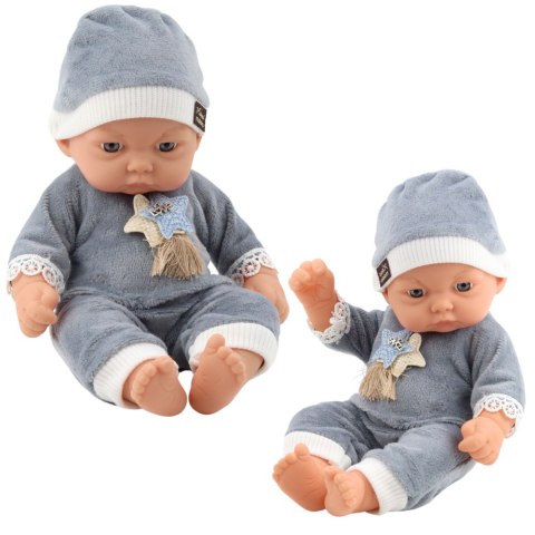 LALKA BOBAS W SZAREJ PIŻAMCE Z GWIAZDKAMI CZAPECZKA