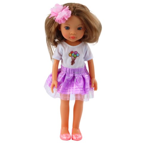 LALKA W FIOLETOWEJ SUKIENCE DŁUGIE BRĄZOWE WŁOSY SPINKA KWIAT