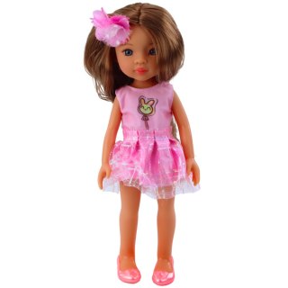 LALKA W RÓŻOWEJ SUKIENCE DŁUGIE BRĄZOWE WŁOSY SPINKA KWIAT