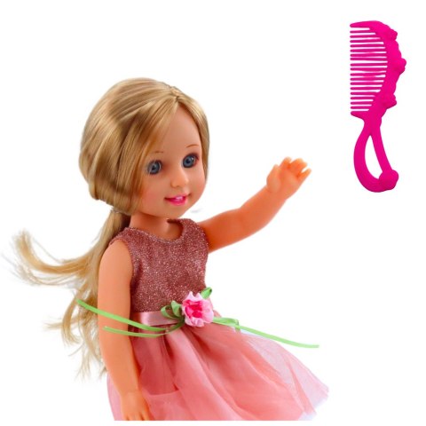 LALKA W SUKIENCE Z KOKARDKĄ DŁUGIE WŁOSY RÓŻOWA GRZEBIEŃ 38CM