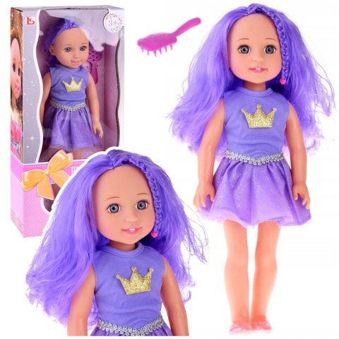 LALKA W SUKIENCE Z KORONĄ DŁUGIE WŁOSY FIOLETOWA SZCZOTKA 38CM