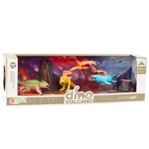 ZESTAW REALISTYCZNYCH FIGUREK DINOZAURY WULKAN DRZEWO 6EL