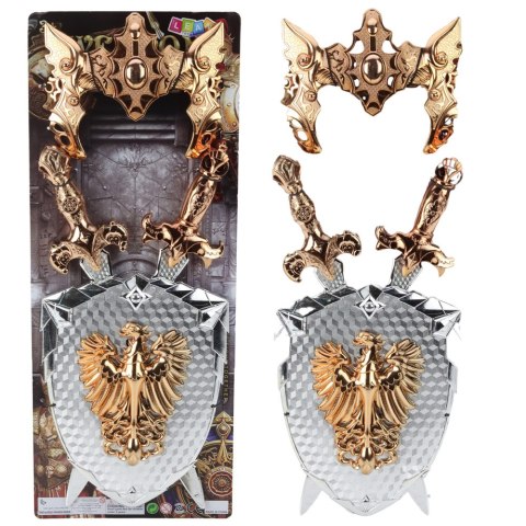 ZESTAW RYCERSKI TARCZA DWA MIECZE MASKA SREBRNY ZŁOTY ORZEŁ