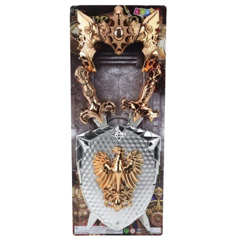 ZESTAW RYCERSKI TARCZA DWA MIECZE MASKA SREBRNY ZŁOTY ORZEŁ