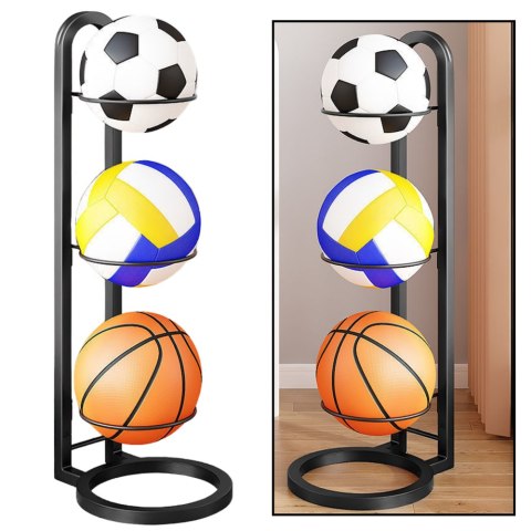 STOJAK NA PIŁKI 3 POZIOMY METALOWY STABILNY MATOWY CZARNY