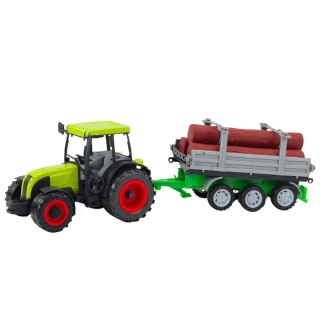TRAKTOR ROLNICZY FARMERSKI Z PRZYCZEPĄ DO DREWNA KŁODY ZIELONY 47CM