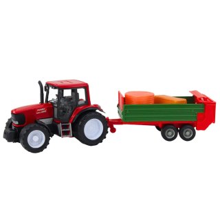 TRAKTOR ROLNICZY FARMERSKI Z ZIELONĄ PRZYCZEPĄ I SIANEM CZERWONY 62CM