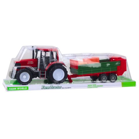 TRAKTOR ROLNICZY FARMERSKI Z ZIELONĄ PRZYCZEPĄ I SIANEM CZERWONY 62CM
