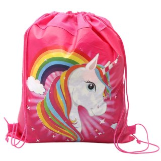 WOREK SZKOLNY NA BUTY STRÓJ GIMNASTYCZNY JEDNOROŻEC TĘCZA RÓŻOWY 35X27 CM