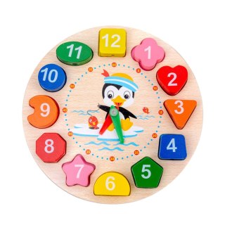 DREWNIANY ZEGAR EDUKACYJNY MONTESSORI NAUKA GODZIN KLOCKI DO NAWLEKANIA
