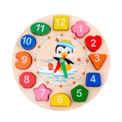 DREWNIANY ZEGAR EDUKACYJNY MONTESSORI NAUKA GODZIN KLOCKI DO NAWLEKANIA