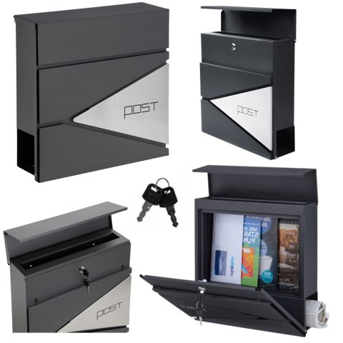DUŻA SKRZYNKA POCZTOWA NA LISTY GAZETY ANTRACYTOWA NAPIS POST 37X37X10,5 CM