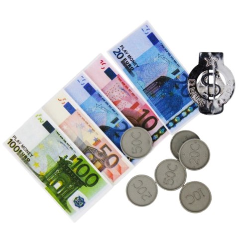 ZESTAW PIENIĄDZE ZABAWKOWE EURO BANKNOTY MONETY EUROZAWIESZKA