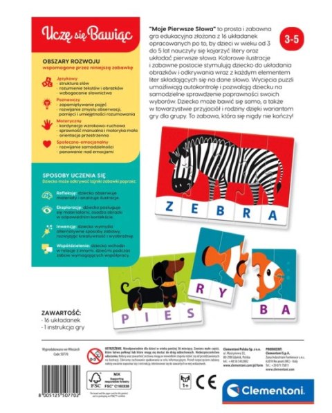 GRA EDUKACYJNA PUZZLE MOJE PIERWSZE SŁOWA UCZĘ SIĘ BAWIĄC JĘZYK POLSKI CLEMENTONI 50770
