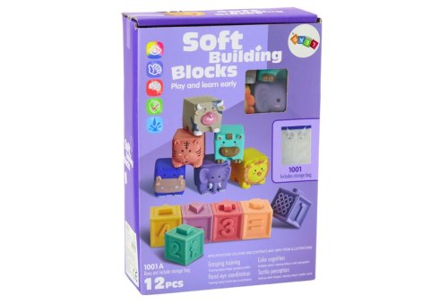 MIĘKKIE KLOCKI EDUKACYJNE ZWIERZĘTA LICZBY LITERY KOLOROWE 12 SZT