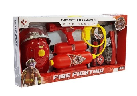 ZESTAW STRAŻACKI NA BATERIE KASK GAŚNICA AKCESORIA CZERWONY