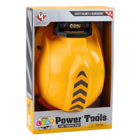 KASK BUDOWLANY DLA DZIECI Z LATARKĄ CZOŁOWĄ OPASKA POD BRODĘ ŻÓŁTY