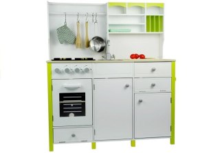 DREWNIANA KUCHNIA DLA DZIECI ZIELONO BIAŁA PAULA OTWIERANE ELEMENTY