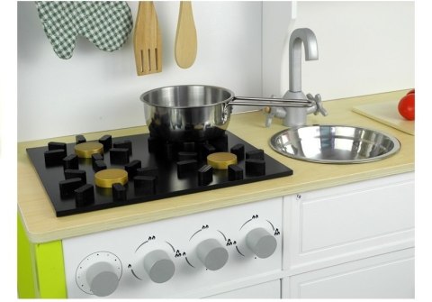 DREWNIANA KUCHNIA DLA DZIECI ZIELONO BIAŁA PAULA OTWIERANE ELEMENTY