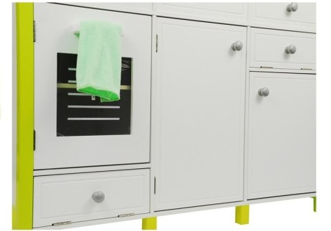 DREWNIANA KUCHNIA DLA DZIECI ZIELONO BIAŁA PAULA OTWIERANE ELEMENTY